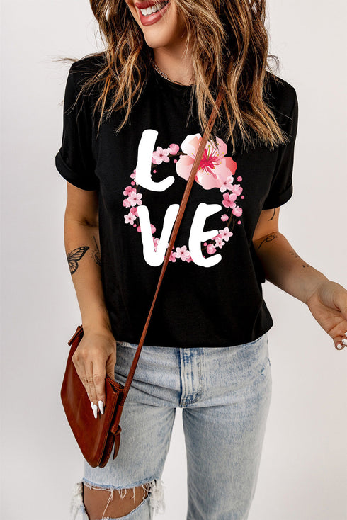 Black Love Cherry Blossoms Graphic Print Short Sleeve T Shirt
